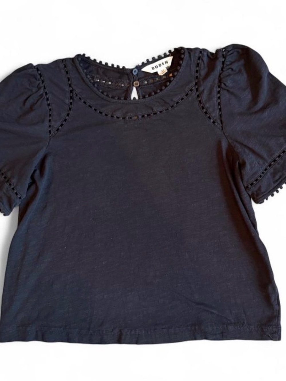Boden Black Short Sleeve Tee with Puff Sleeves and Lace Trim